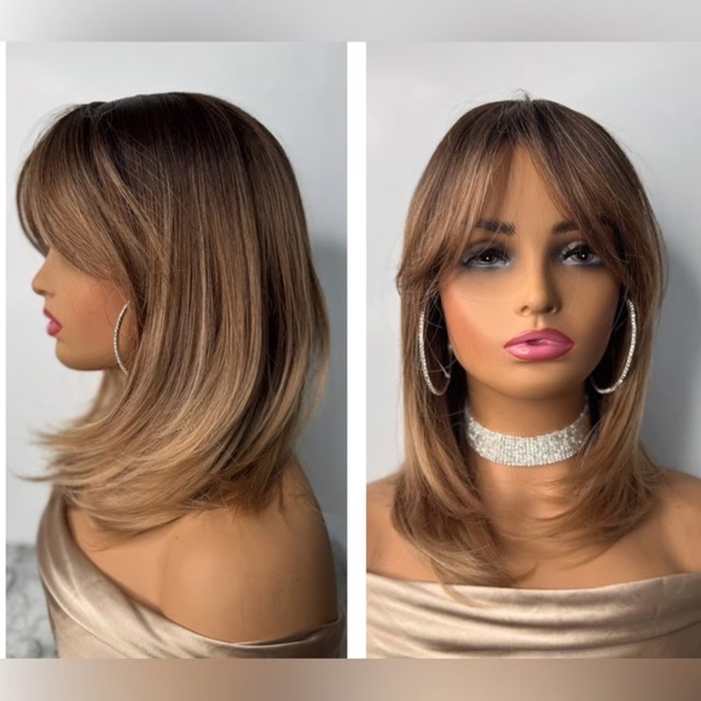 Balayage Medium Blonde Layered Short Wig - Side Bangs
